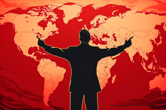 A person stands with his hands spread out in front of a map of the world and imagines he is the ruler of the world. Generative AI.