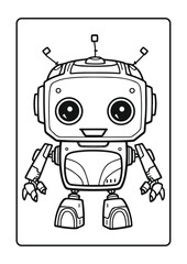 cute robot line art coloring page for kids, black outline on white background
