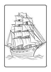 Ship line art coloring page for kids, black outline on white background