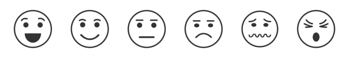Set of emoji faces with different positive and negative emotions. Happy, smiling, sad, confounded, angry, depressed face expression icons isolated on white background. Vector graphic illustration