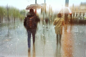 Fototapeta premium people with an umbrella in rainy days in winter season, bilbao, basque country, spain