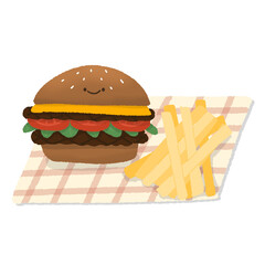 Illustration of National Hamburger Day, hamburger and fries,  Concept of food and drink or junk food. Doodle art style.