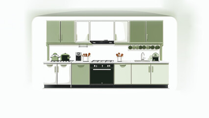 front view illustration of household kitchen with sink and furniture, generative AI
