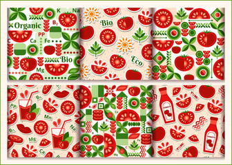Set of tomato seamless patterns with stickers, design elements in simple geometric style. Good for branding, decoration of food package, cover design, decorative print, background. Vector illustration