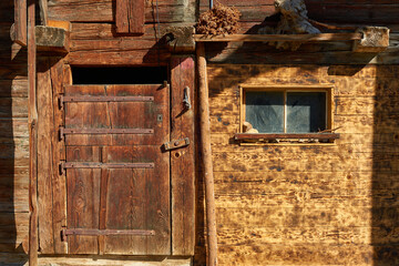 The wall with door of old wooden barn at natural sunlight in traditional swiss alpine Wengen village.