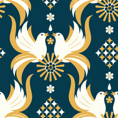 Vector seamless design for wallpaper with doves and geometrical flowers ornament