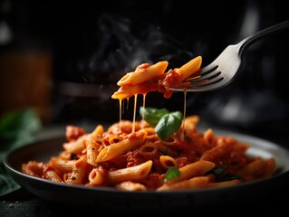Fiery Penne Arrabiata: Close-up of Delicious Penne Pasta with Spicy Tomato Sauce, Garlic, Chili, and Olive Oil, Generative AI