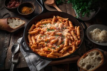 Fiery Penne Arrabiata: Close-up of Delicious Penne Pasta with Spicy Tomato Sauce, Garlic, Chili, and Olive Oil, Generative AI
