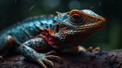Fototapeta premium Colorful forest lizard on a tree bark in forest. Generative AI