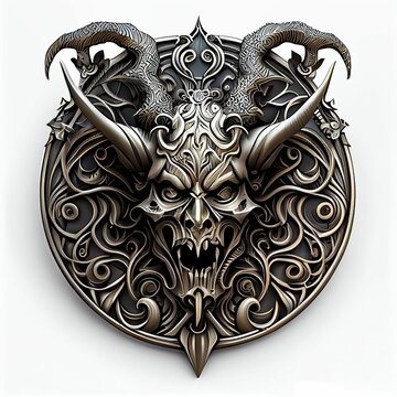 3D illustration of a devil skull with metallic details for a T-shirt design logo