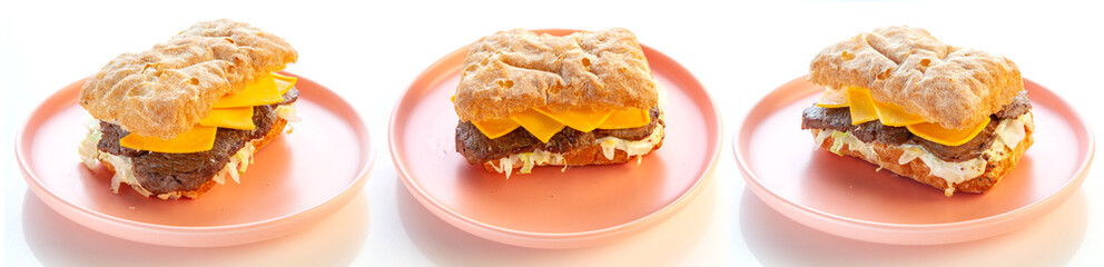 Philly cheese steak ciabatta sandwich served on a pink plate in different angles panoramic.