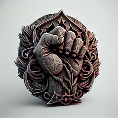3D illustration of a hand fist with metallic details for a T-shirt design logo