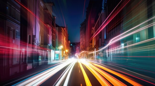 Abstract long exposure photographs of a city in dynamic speed light trails. Generative AI