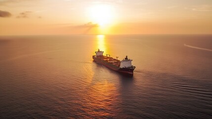Obraz premium Aerial image of huge fuel tanker ship in the sea on sunset. Generative AI