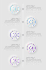 5 step timeline infographic template. Neumorphism minimalisctic design.