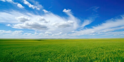 Fototapeta na wymiar Empty green field and blue sky with rare clouds. Generative AI
