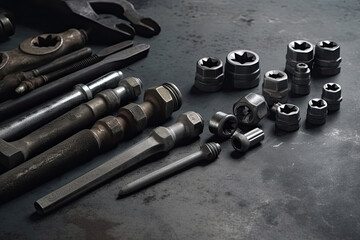 Obraz premium Auto mechanic's tools on grey stone table with copy space
