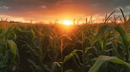 AI generated Corn field at sunset. Beautiful nature scene with green corn field