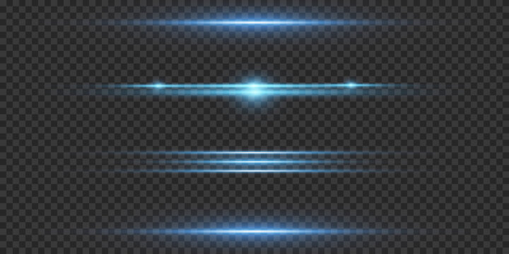 Flashes and glares. Glowing streaks on transparent background. Light beams of in neon and blue. Bright glowing lines. Blue horizontal lens flares pack. Laser beams, horizontal light rays. 