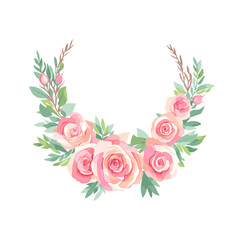 Digital watercolor rose flower frame wreath design pink and white bouquet flower design vector.
