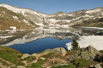 Fototapeta na wymiar Beautiful view of a serene lake surrounded by snowy fields and mountains in the Catalan Pyrenees