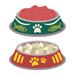 A bowl with food for animals, cats, dogs with a label with paws.