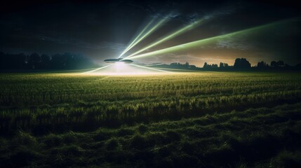 UFO alien ship low over the field at night. AI generative.