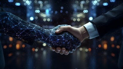 AI handshake with a businessman, neural network, office, commerce, marketing, generative AI