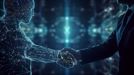 AI handshake with a businessman, neural network, office, commerce, marketing, generative AI