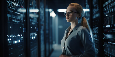 Fototapeta premium Female IT Expert Ensuring High-Tech Data Center Efficiency. Generative AI