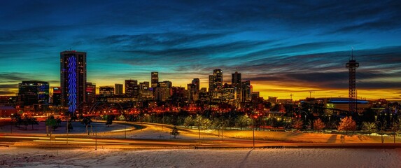 Panoramic shot of Denver cityscape in winter at sunrise, Colorado, USA.