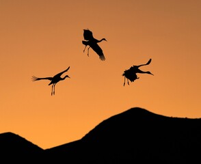 Fototapeta na wymiar Silhouette of crane birds flying against an orange sunset sky.