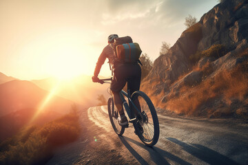 Fototapeta na wymiar Bicyclist solo travel in a beautiful mountain road, sunset, Cyclist pedaling on a racing bike outdoors, AI Generative.