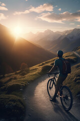 Fototapeta premium Bicyclist solo travel in a beautiful mountain road, sunset, Cyclist pedaling on a racing bike outdoors, AI Generative.