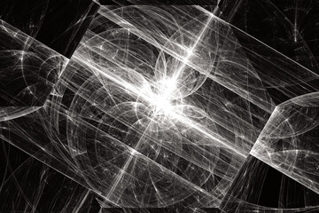 White broken pattern of crooked waves and rays on a black background. Abstract fractal 3D rendering