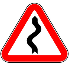Triangular warning sign, winding road.