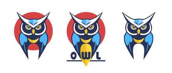 Vector set, simple colored cartoon logo of an owl on a white isolated background. Icon, sticker or emblem.