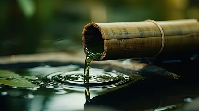 Garten, Nahaufnahme eines Bambusrohres, aus dem Wasser in einen Teich fließt, Generative AI