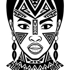 African tribal portrait of black woman in ancient clothes and jewelry. Monochrome drawing. Vector illustration isolated on a white background. Print, poster, t-shirt, card.