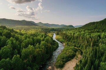 Narrow river between trees and greenery with mountain in the background under cloudy sky