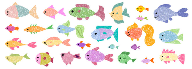 Children's drawing. Collection of colored fish.