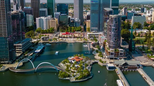 Aerial hyperlapse, dronelapse video of Elizabeth Quay of Perth city in daytime