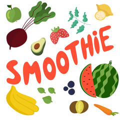 Vector hand drawn lettering smoothie. Quote inscription fruit and vegetables.Healthy food.	
