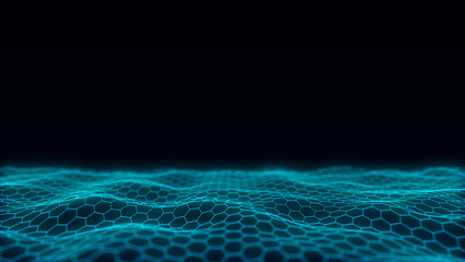 Naklejka premium Blue hexagon wave with motion dots and lines. Abstract digital background. Concept connection big data. Futuristic technology backdrop. 3D rendering.
