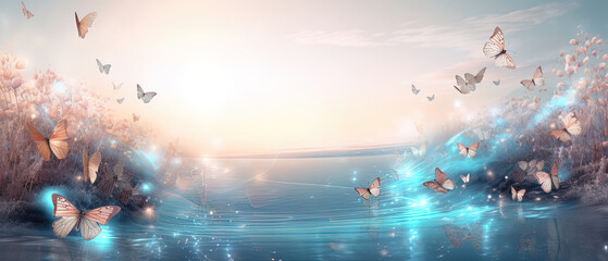 Obraz na płótnie Canvas Concept of fantasy world. Flying butterflies in a fantasy world