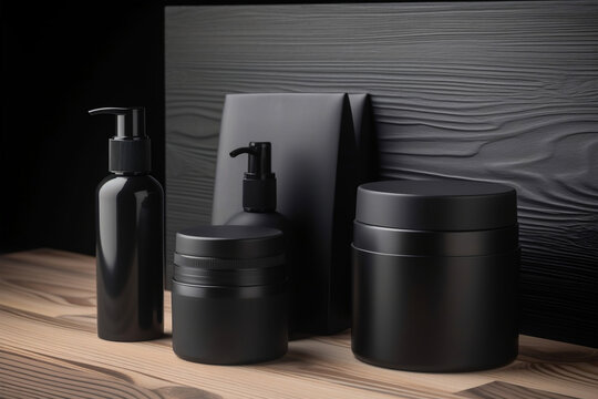 Black cosmetic dispensers and creme jar mockup on black background. Generative AI