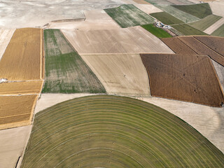 Aerial drone view of fertile farmlands, fields. Izmir - Turkey