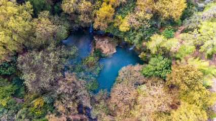 Aerial view of Antalya Kursunlu waterfall with drone.