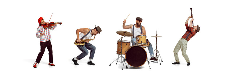 Collage with group of people, musicians playing on different instruments passionately over white background. Banner - obrazy, fototapety, plakaty