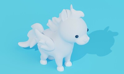 Cute white Pegasus on a blue background. 3d rendering